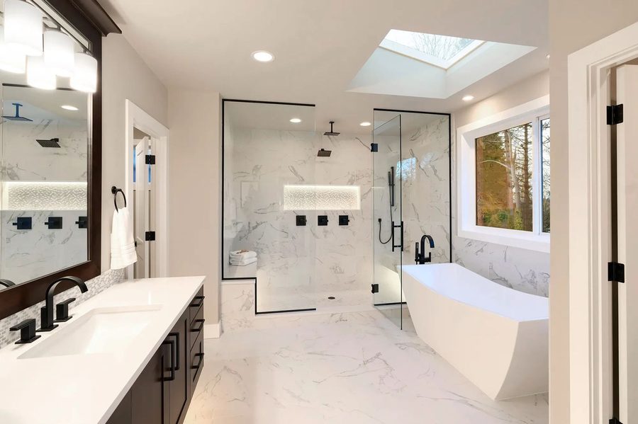 Modern bathroom remodel with tile shower and double vanity