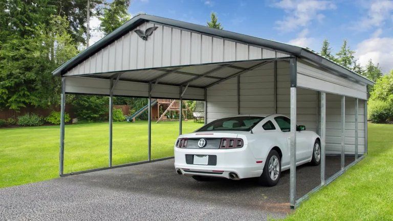 Steel carport with vertical roof